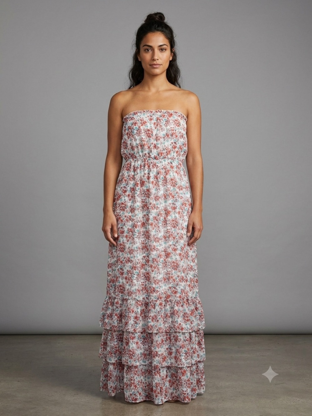 2B Bebe Strapless‎ Ruffle Maxi Chiffon Dress with Rust Floral Print